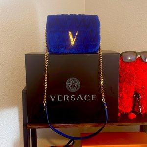 Versace Virtus Faux Fur Evening Bag Royal Blue